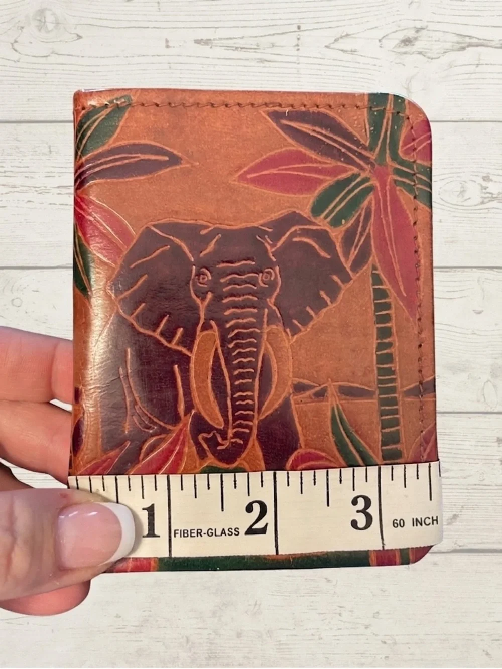 Vintage EMILY ANN Women's Leather Elephant Zip Bifold Wallet Hand Carved Art NEW